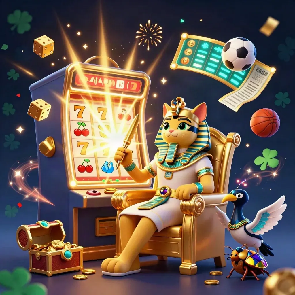 Pharaonenkatze, Ibis und Skarabäen vor explodierendem Slot, Sportbälle und Gold überall.