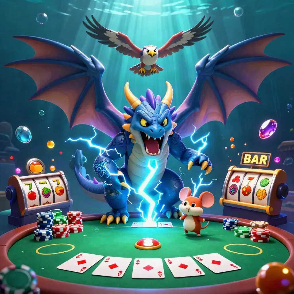 Drei Blitztiere wirbeln über Pokerchips im Unterwasserlicht, cyan und tealfarben.
