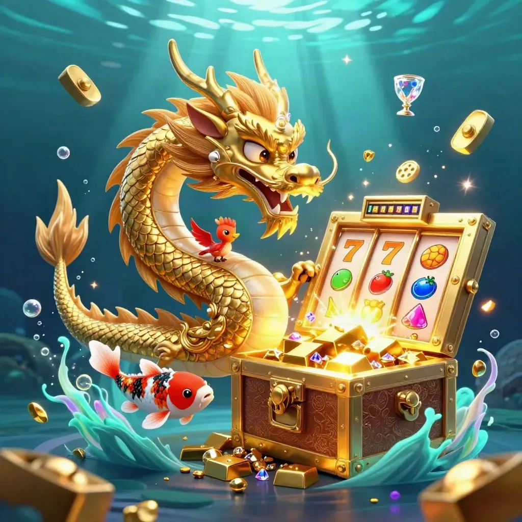 Goldener Drachen mit Phoenix, Koi und Schatzflut vor blaugrünem Unterwasserhintergrund