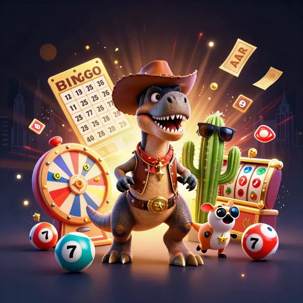 Drei Cartoon-Helden mit Cowboy-T-Rex, Kaktus und Sheriff-Roadrunner, Casino-Effekte im Dunkeln.