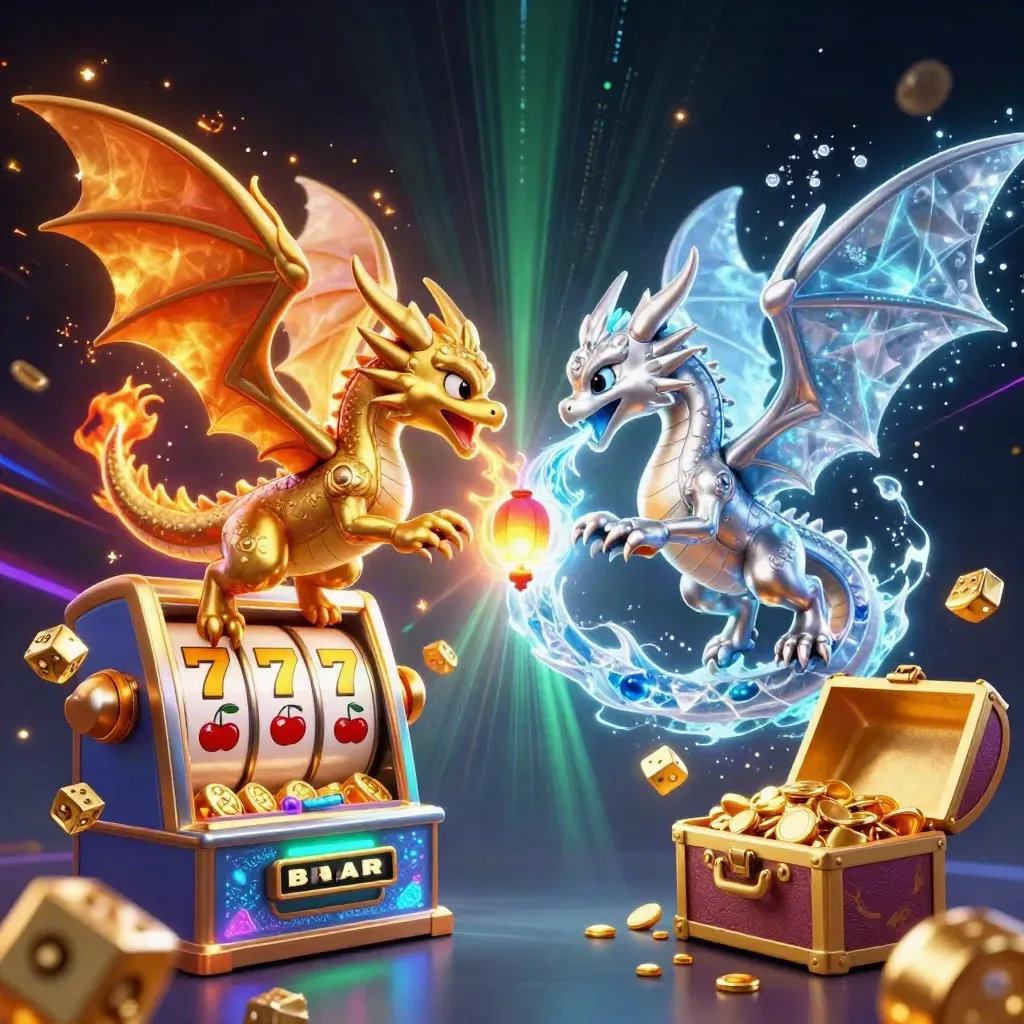 Goldener und silberner Drache im Yin-Yang, umgeben von Slots, Würfeln und Schatzkiste